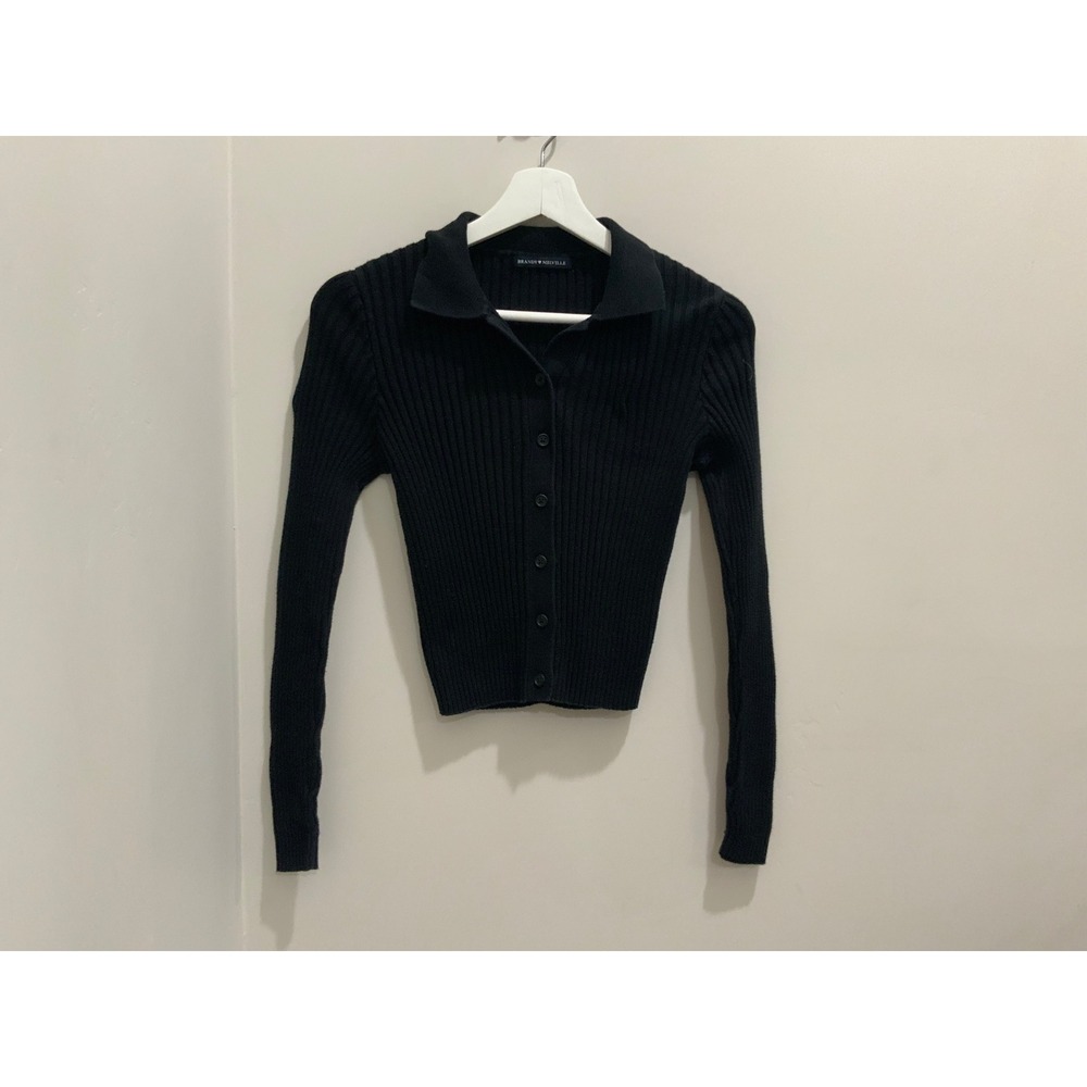 Brandy Melville Black Ribbed Button Down Collared Cardigan Sweater Cropped Slim - Picture 7 of 10